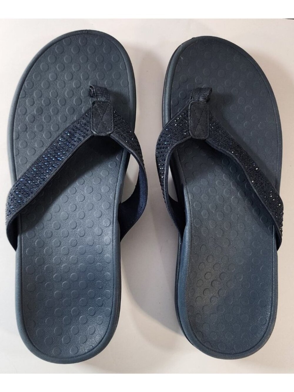 VIONIC TIDE RHINESTONES SPARKLY ORTHOTIC FLIP FLOPS BEACH SANDALS 8 NAVY BLUE R
